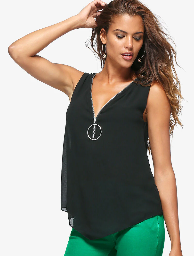 Top met ritsdecolleté - zwart