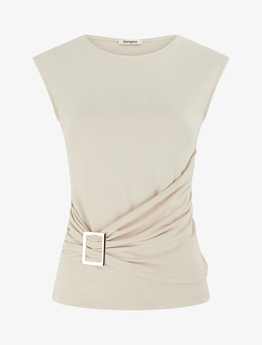 Top met ronde hals en sieraccent. - Beige