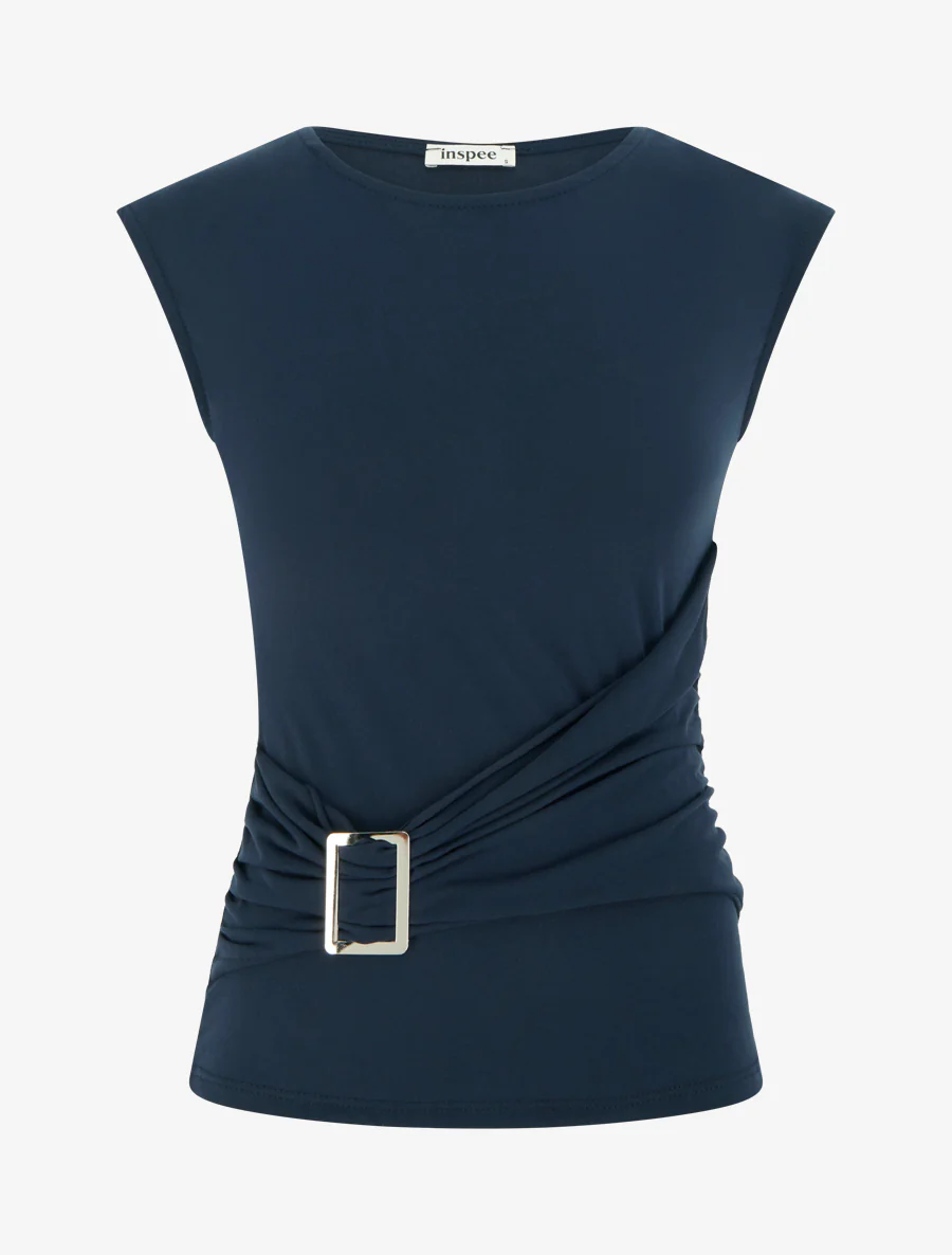 Top met ronde hals en sieraccent. - Marine