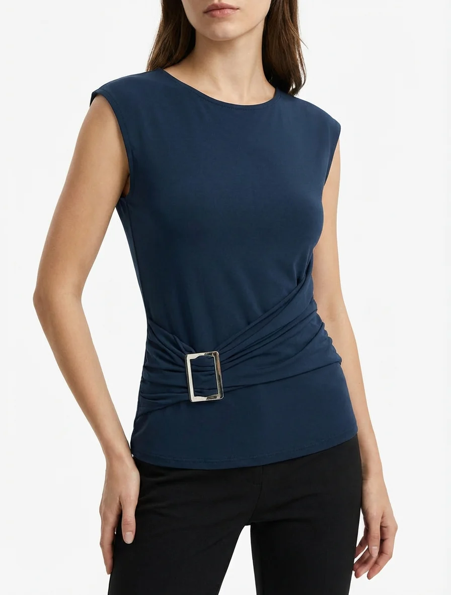Top met ronde hals en sieraccent. - Marine - Image 4