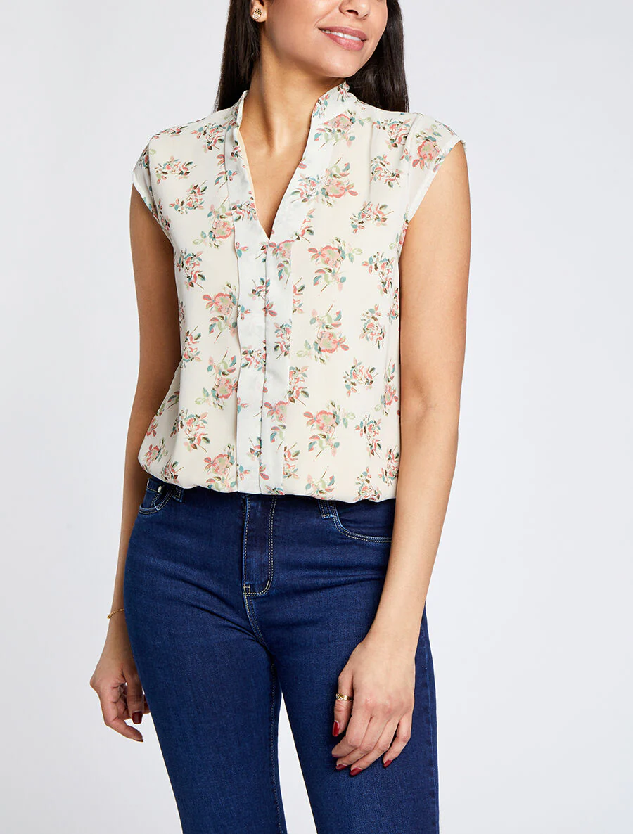 Top met rozenprint zonder mouwen - beige - Image 4