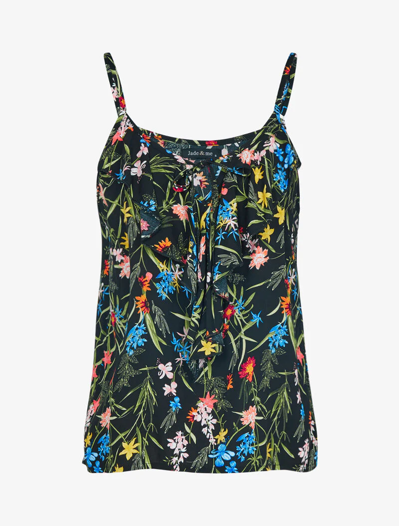 Top met ruches en tropische print - zwart