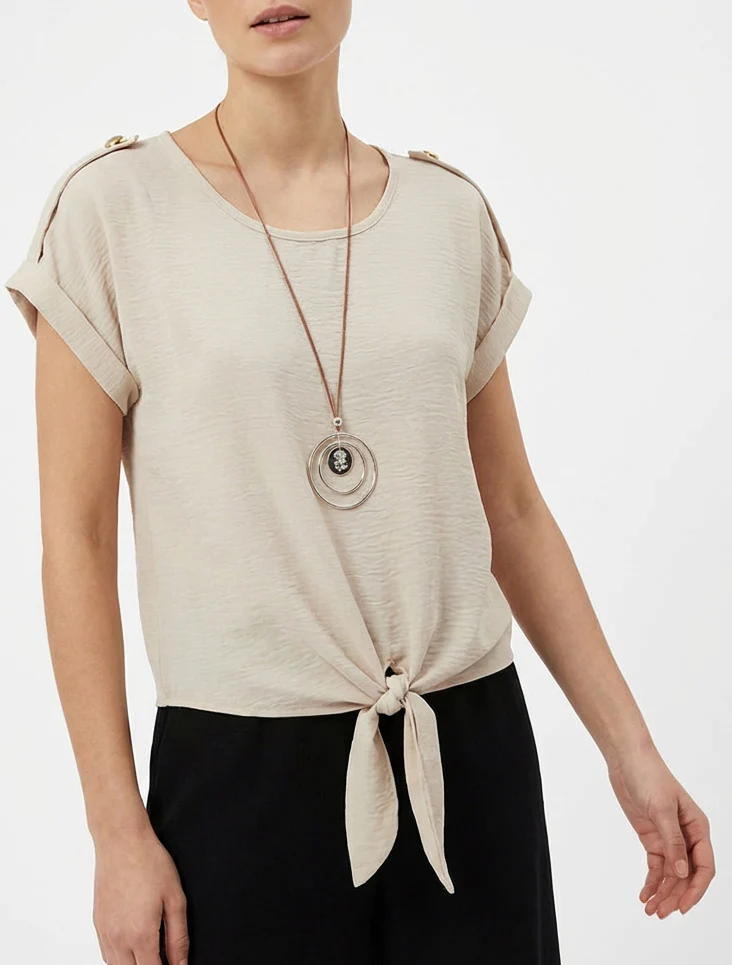 Top met striksluiting en korte mouwen - Beige - Image 4