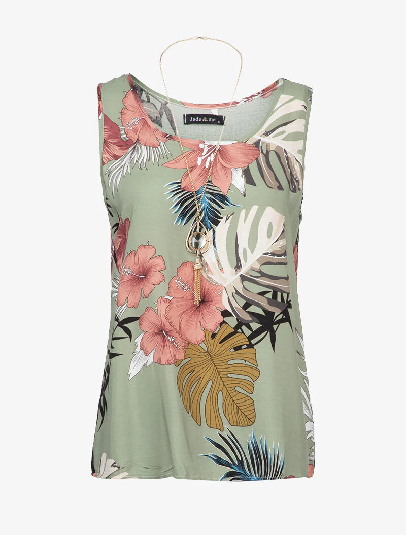 Top met tropische print - kaki
