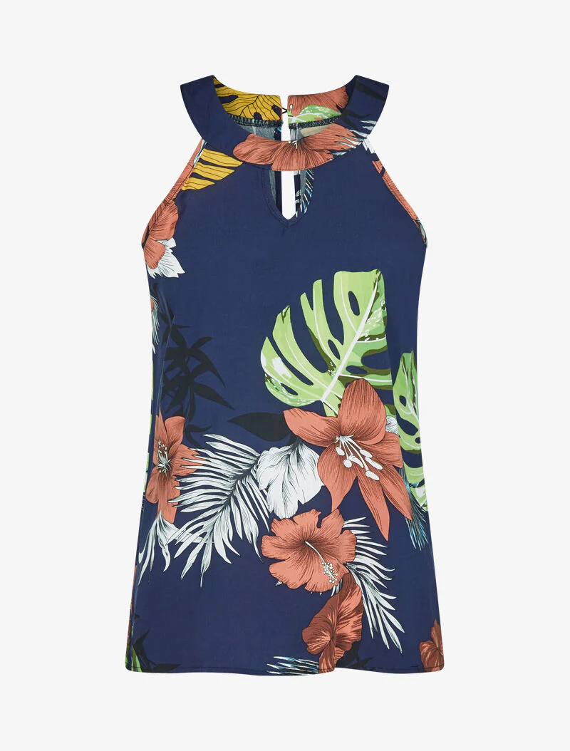 Top met tropische print - marineblauw