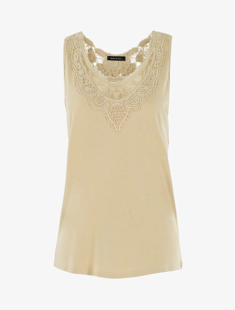 Top met tule en haakwerk inzetstukken - beige