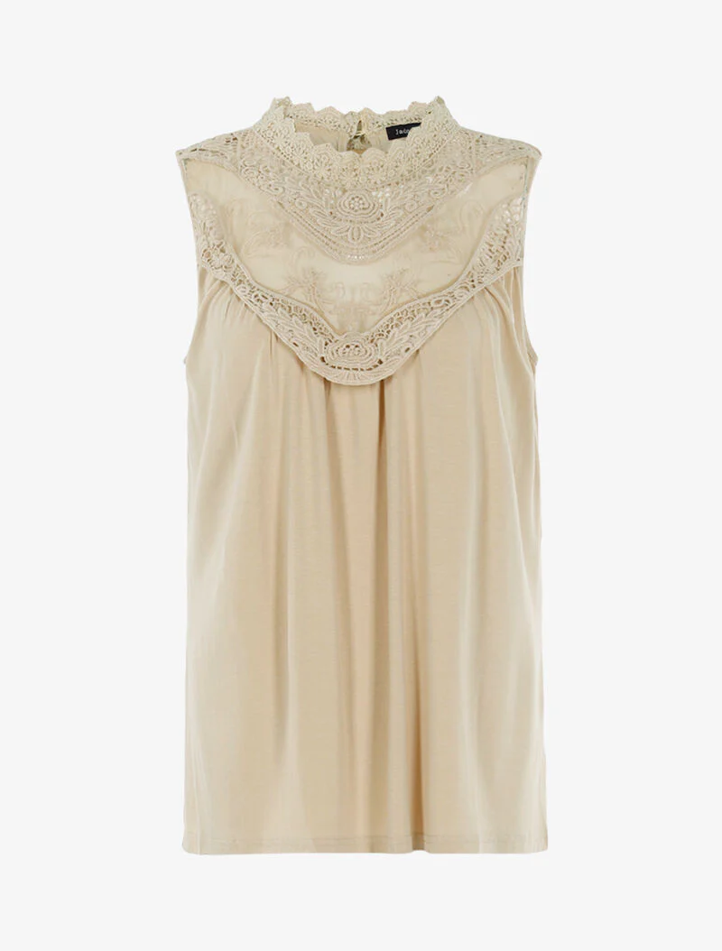 Top met tule en haakwerk halslijn - beige