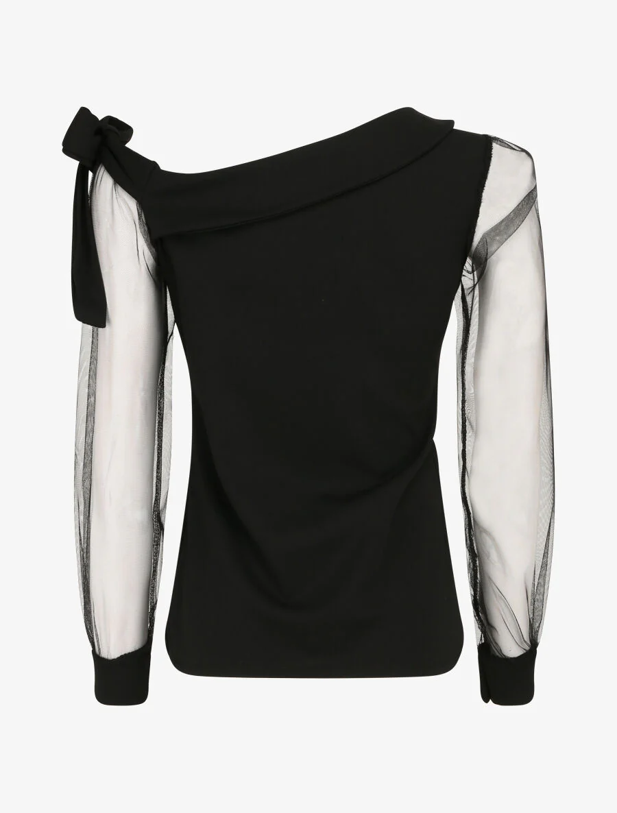 Top met tule mouwen en strikdetail - Zwart - Image 2