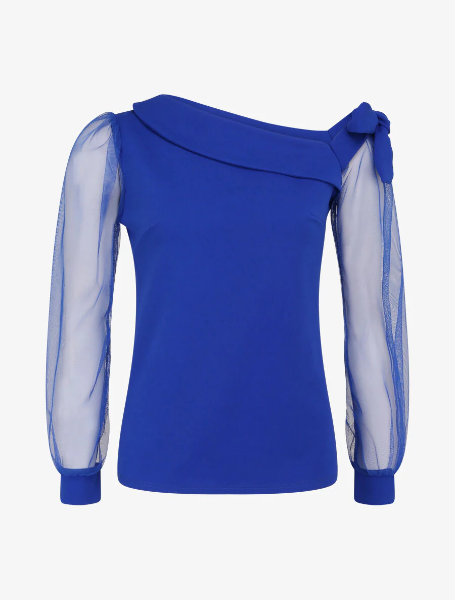 Top met tule mouwen en strikdetail - Elektrisch blauw