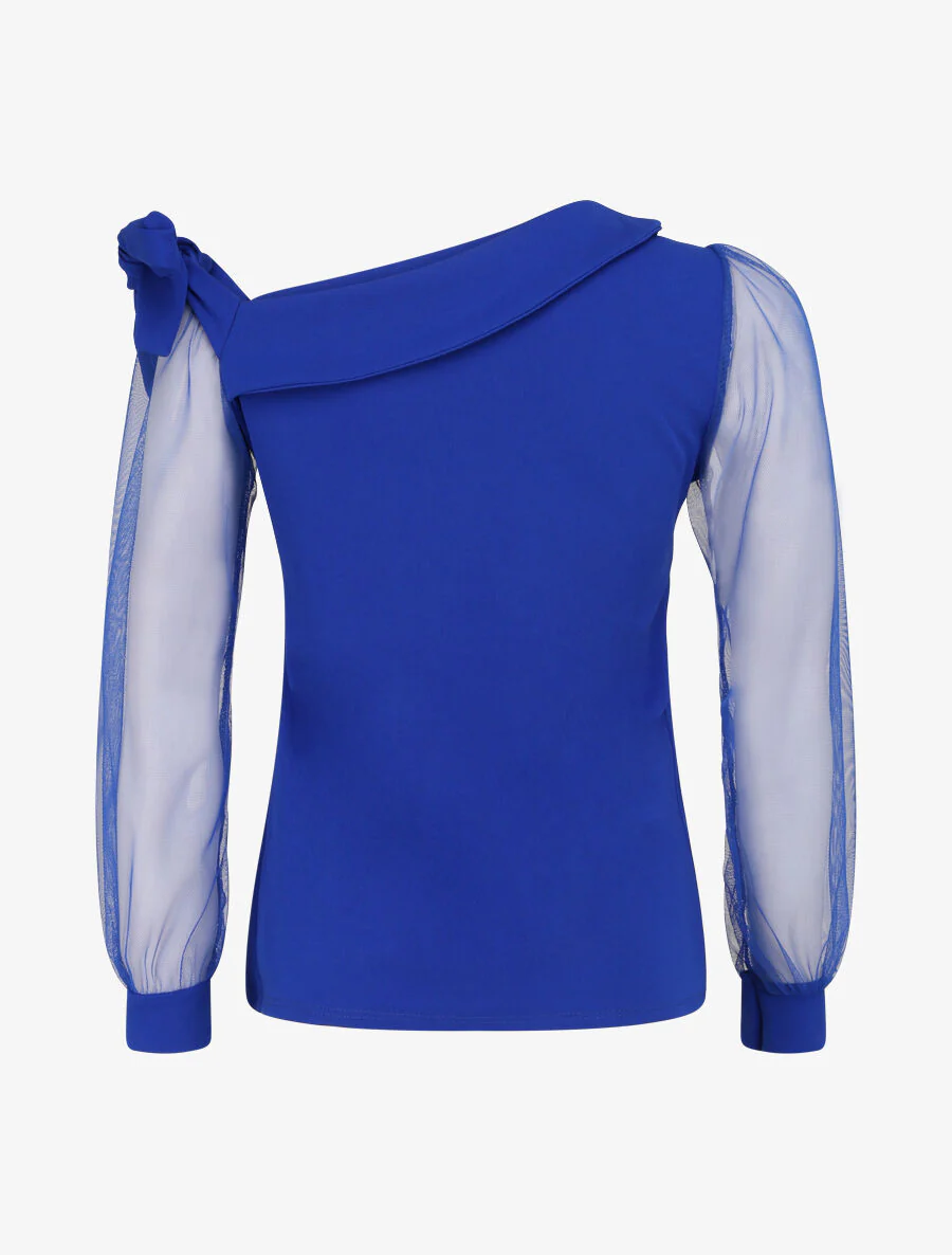 Top met tule mouwen en strikdetail - Elektrisch blauw - Image 2