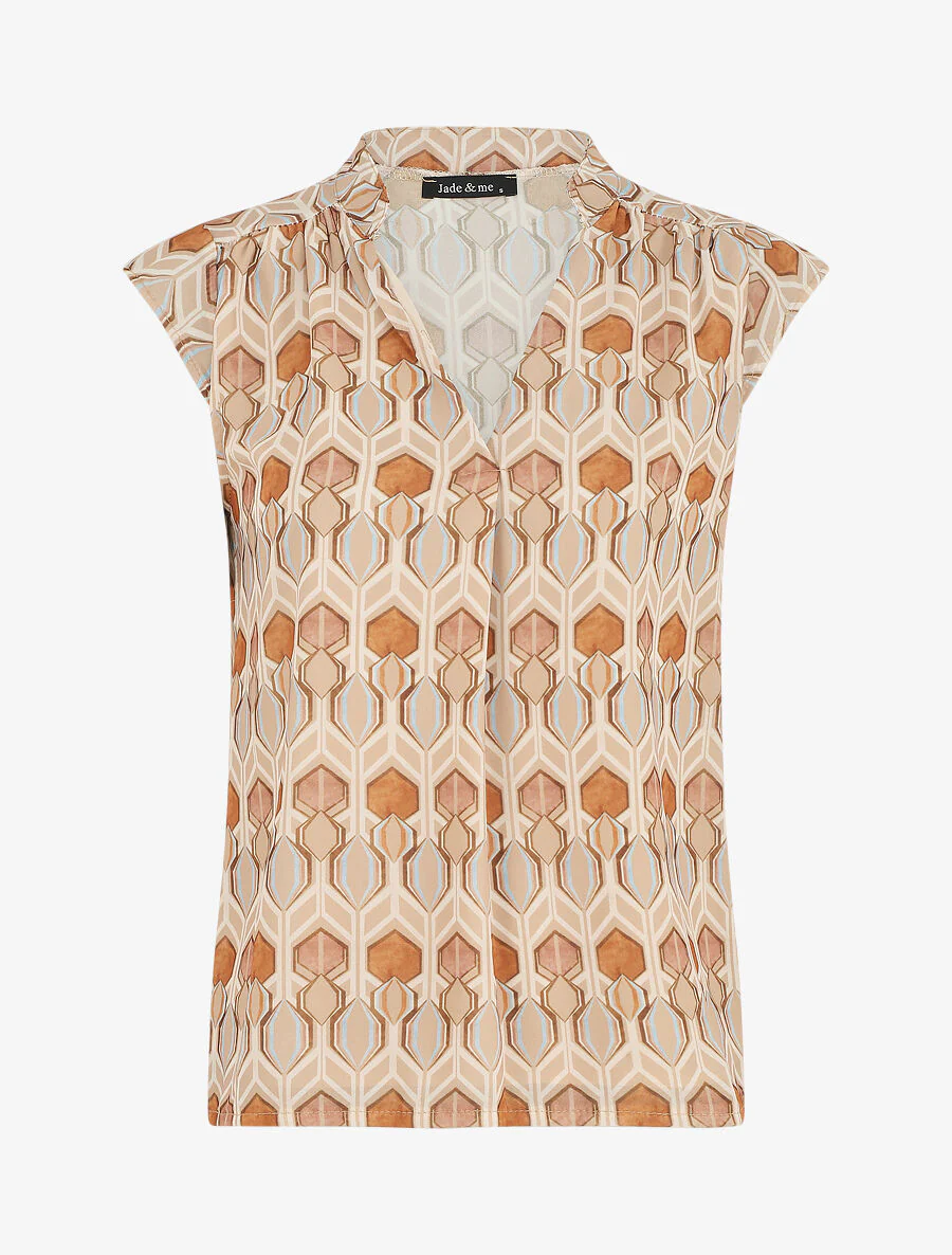 Top met V-hals en grafische print - beige