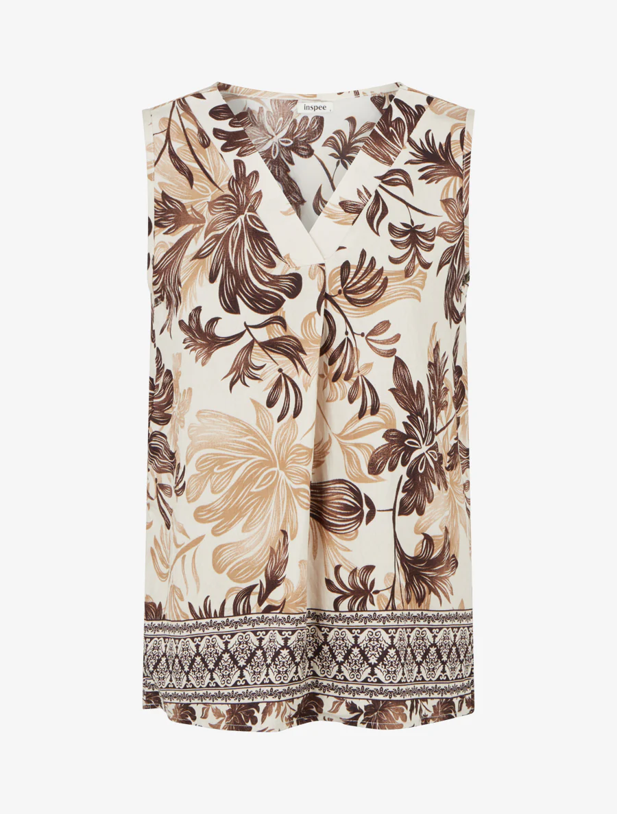 Top met V-hals en plantenprint - Bruin