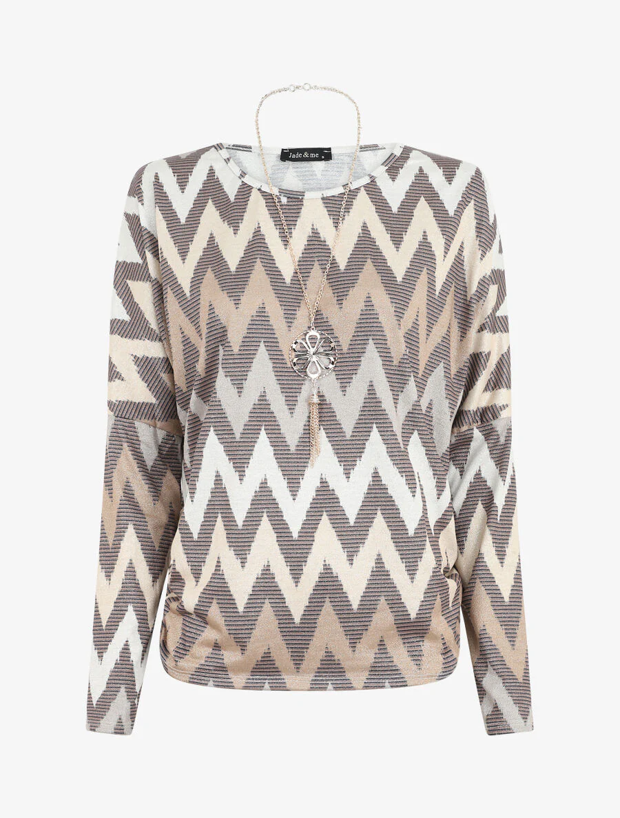 Top met vleermuismouwen en iriserende zigzagprint - Beige
