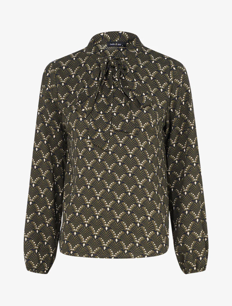 Top met vloeiende print van gestileerde schubben en een lavallière kraag - Khaki