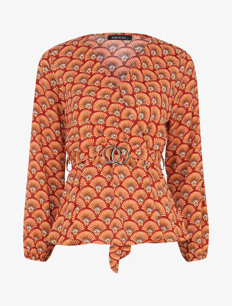 Top met waaierprint en wikkelhalslijn - oranje