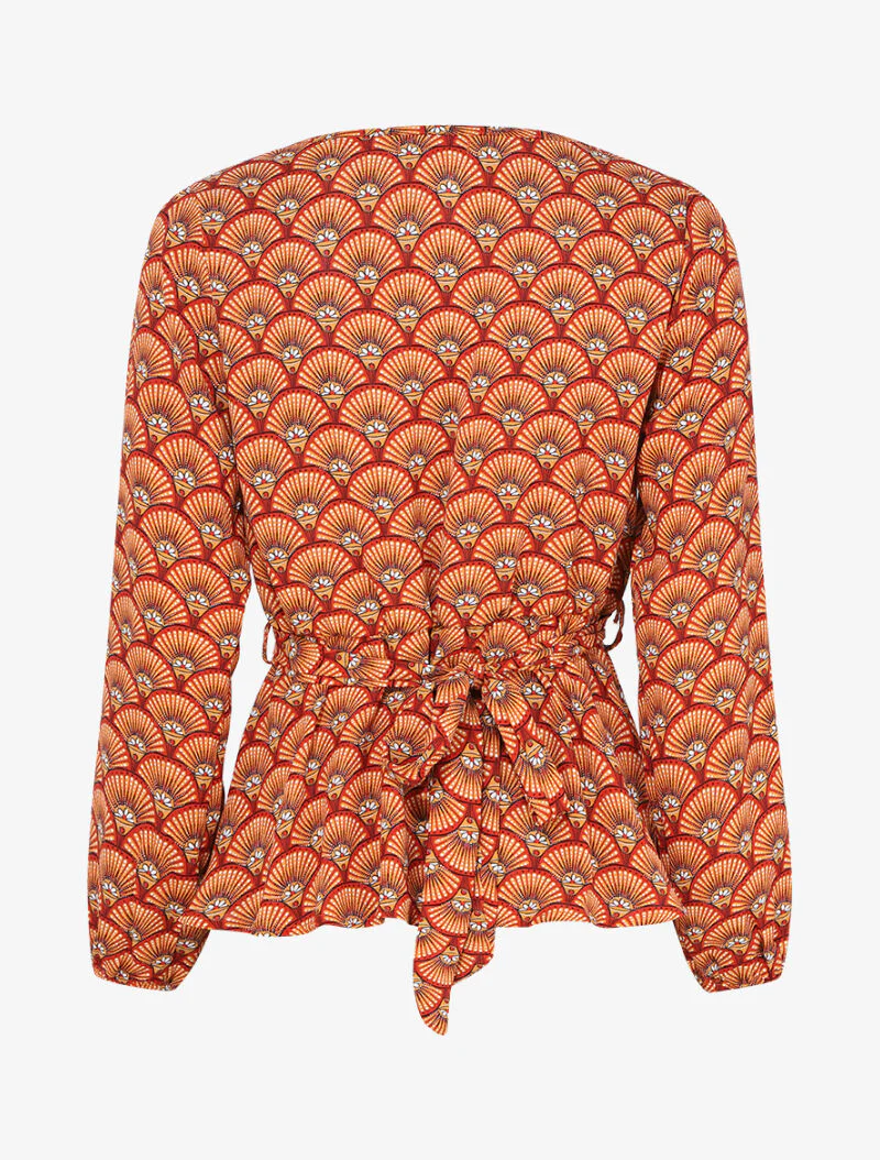 Top met waaierprint en wikkelhalslijn - oranje - Image 2