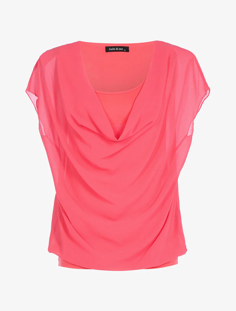 Top in voile met watervalhals - koraal