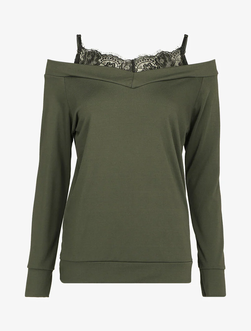 Top met blote schouders en kanten tanktop met trompe l'oeil - Kaki