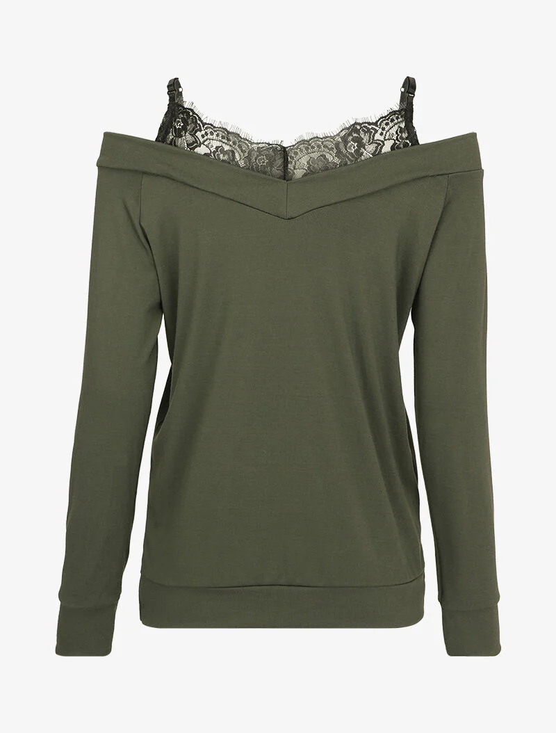 Top met blote schouders en kanten tanktop met trompe l'oeil - Kaki - Image 2