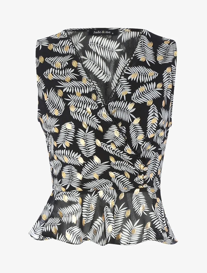 Top cache-coeur in voile met bladprint - zwart