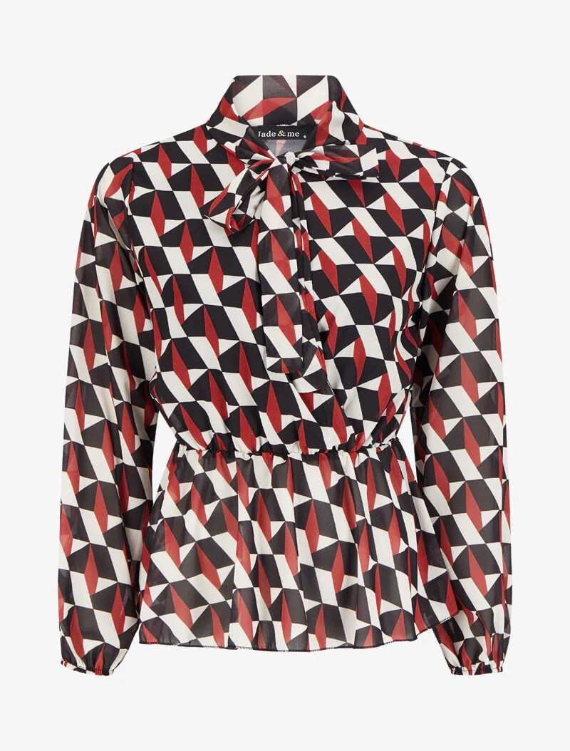 Top peplum met lavallièrekraag en geometrische print - Rood