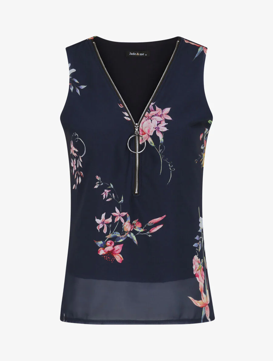 Bloemen top met ritskraag - Marineblauw