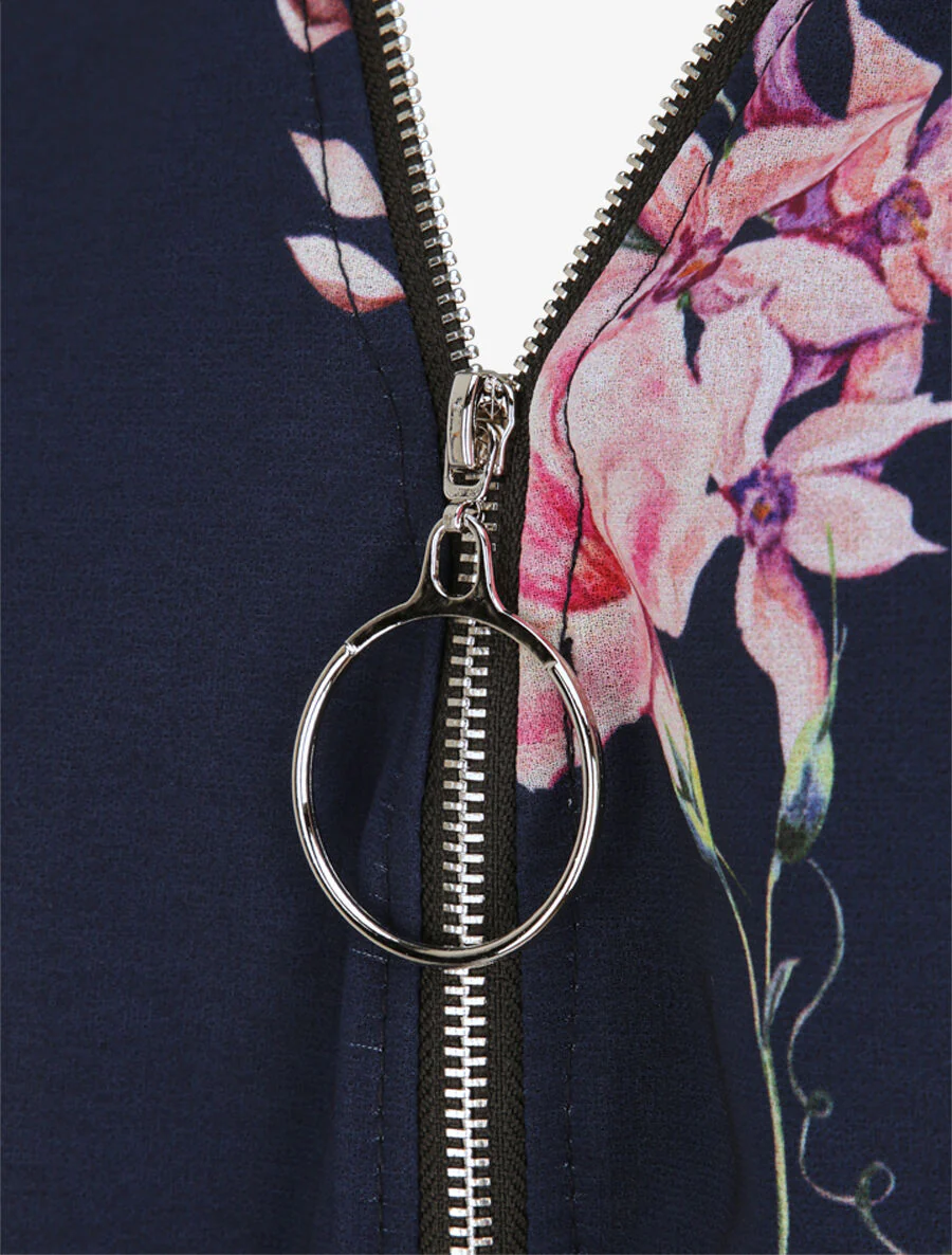 Bloemen top met ritskraag - Marineblauw - Image 3