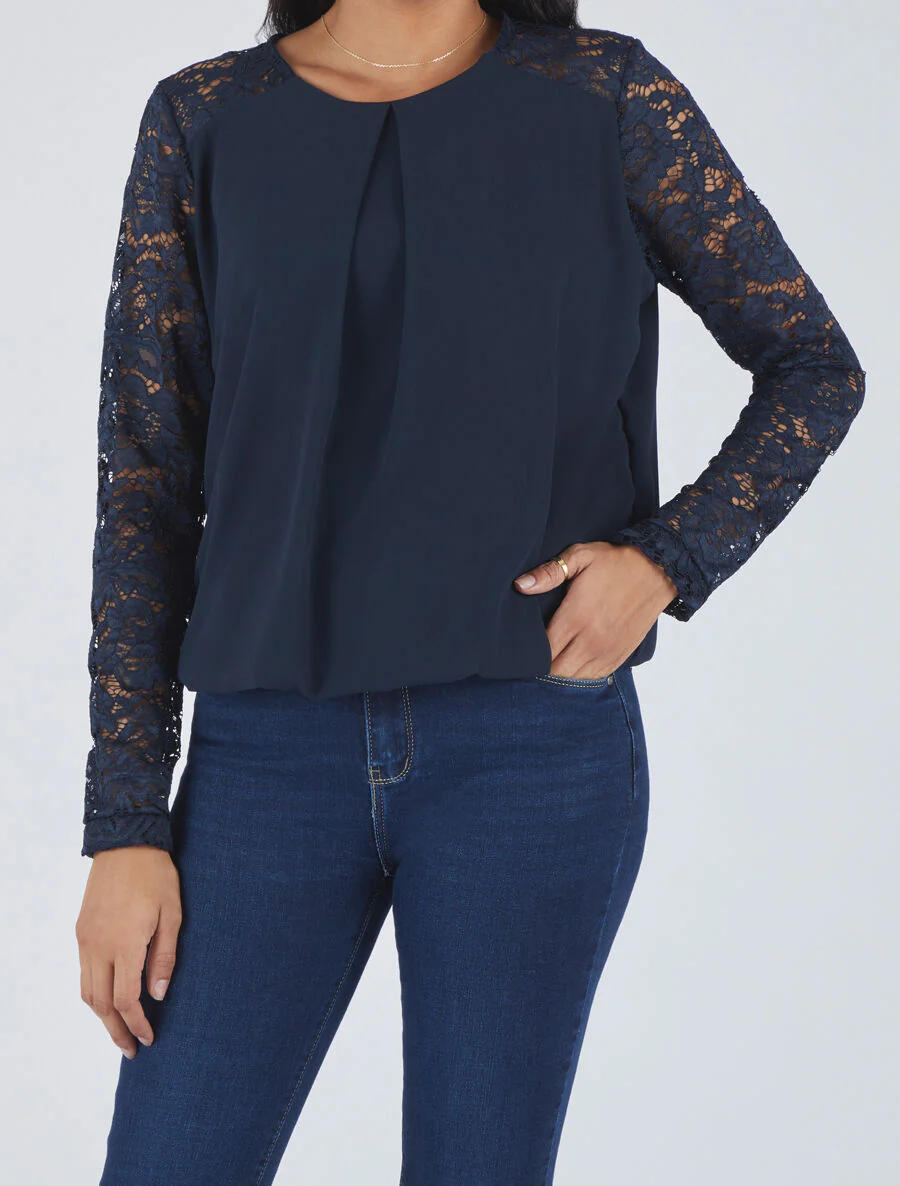 Top met kanten mouwen - Marine - Image 4