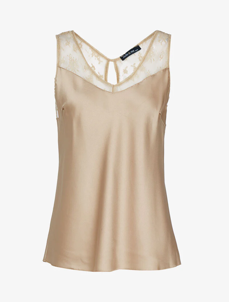 Satijnen top met tule halslijn - beige