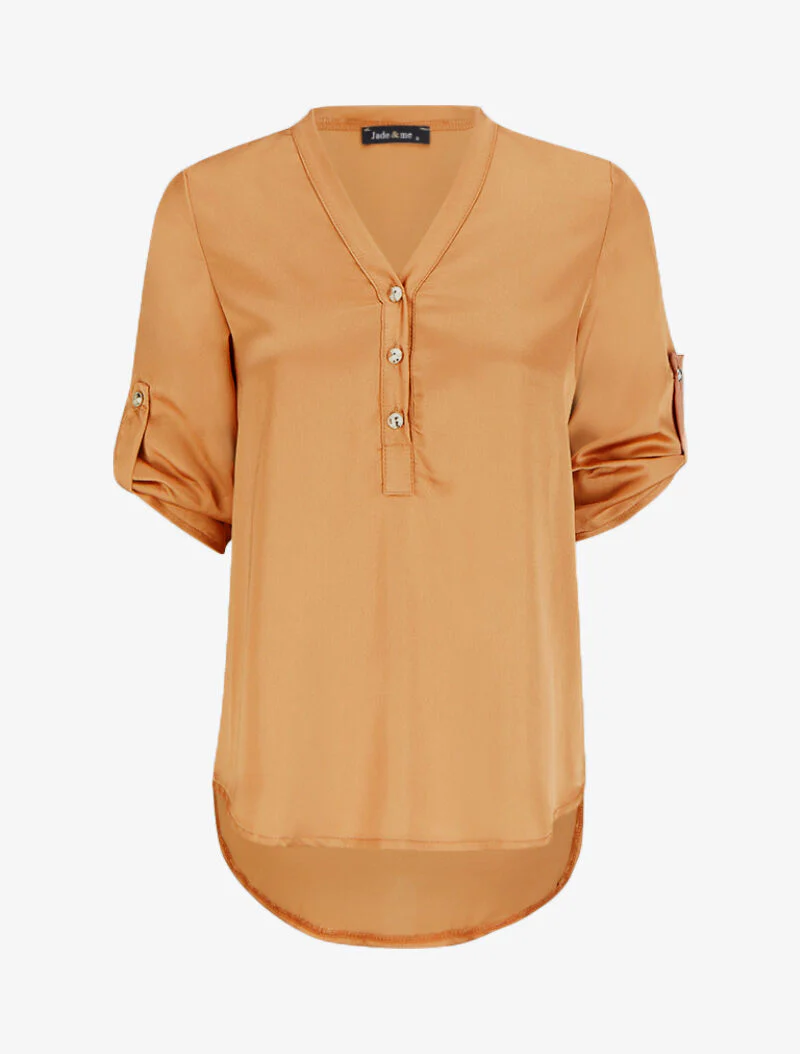 Satijnen top met Tunesische kraag en lange achterkant - Camel