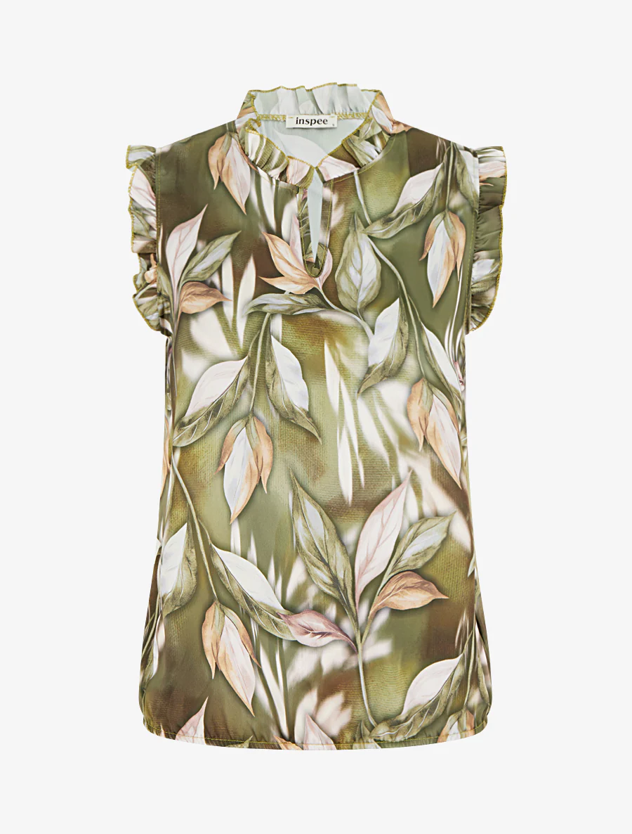 Top satijnen blouse met bladerprint - Kaki