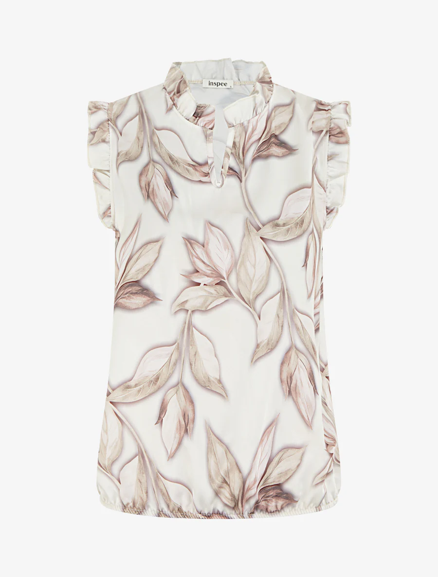 Top satijnen blouse met bladerprint - Beige