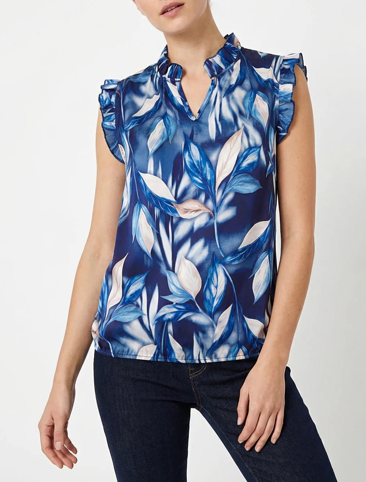 Top satijnen blouse met bladerprint - Marine - Image 4
