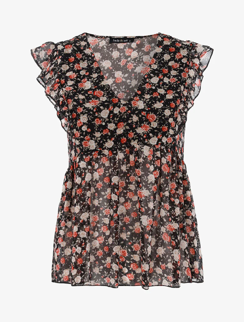Transparante bloemen top - zwart