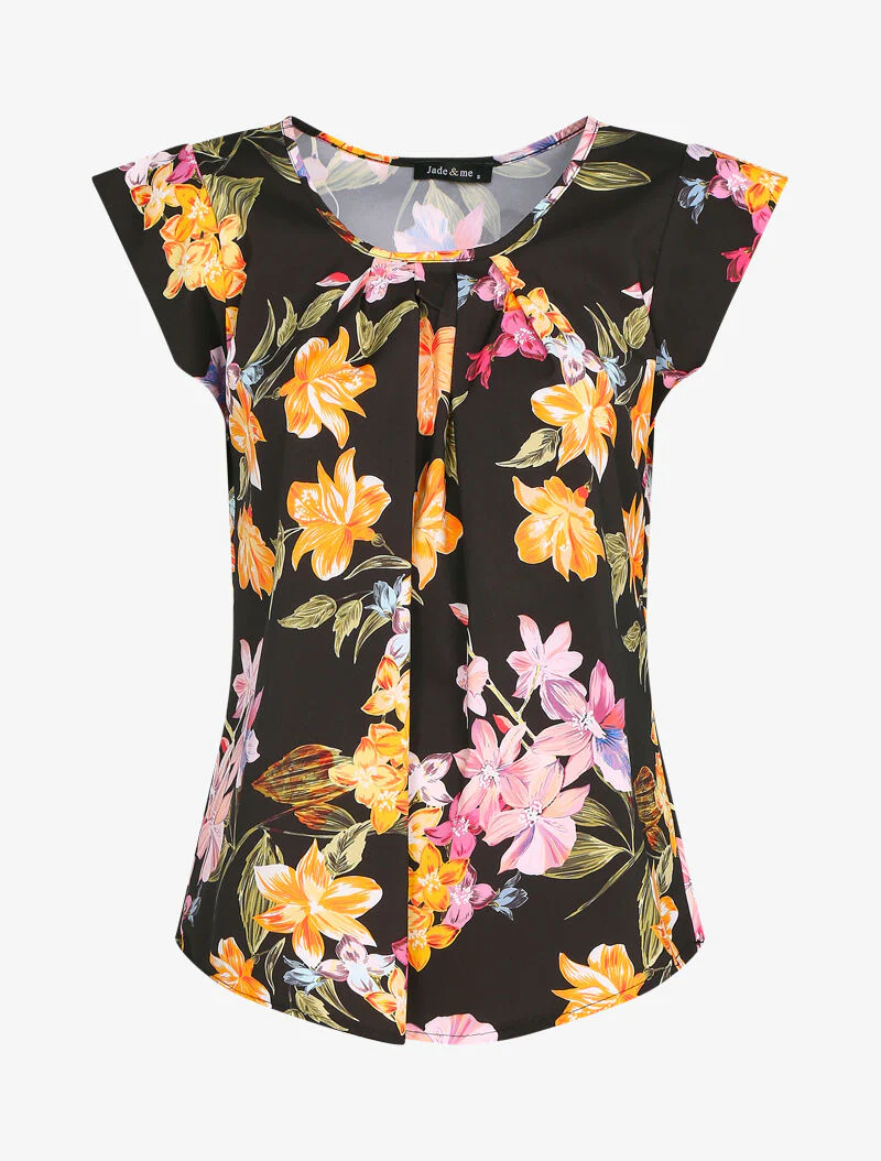Top trapezium met bloemenprint - Zwart