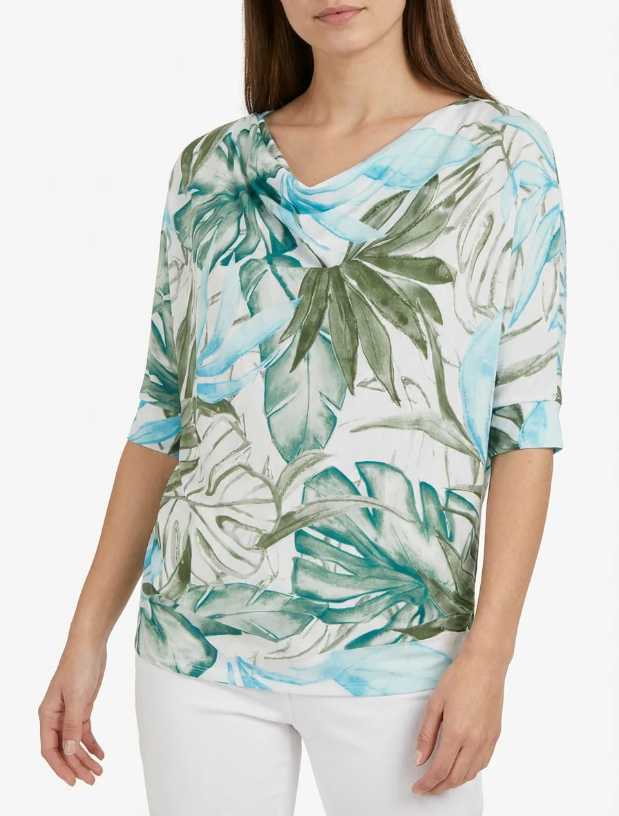 Top tropisch met 3/4 mouwen en geplooid effect - Kaki - Image 4