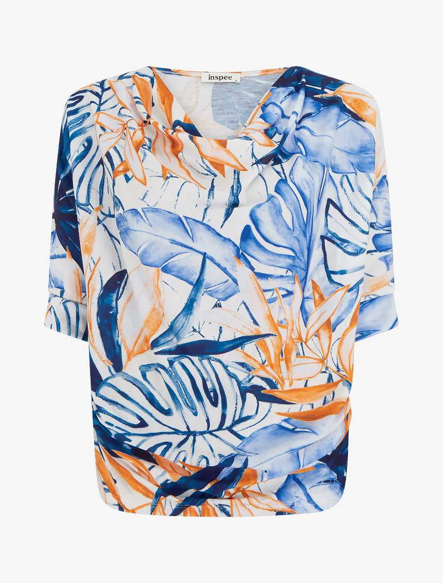 Top tropisch met 3/4 mouwen en geplooid effect - Marine