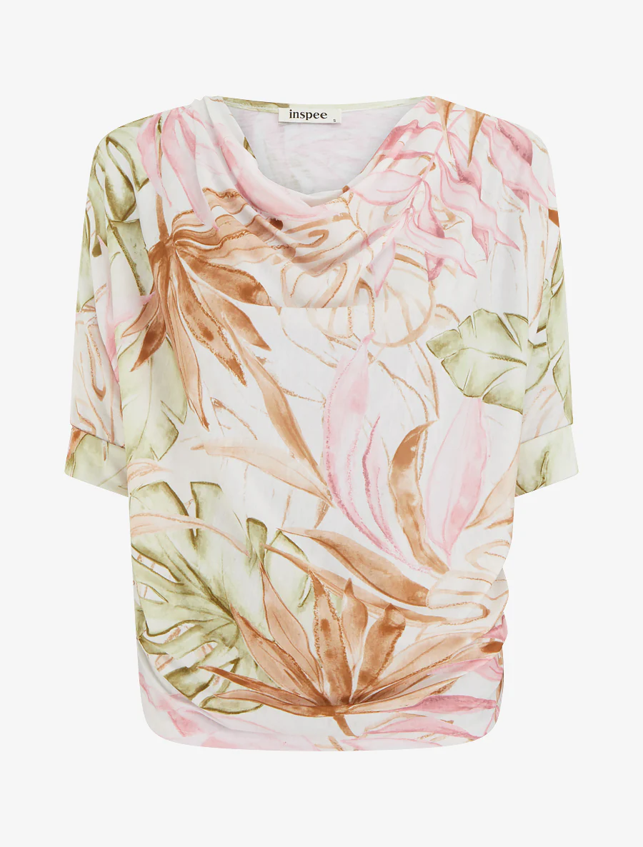 Top tropisch met 3/4 mouwen en geplooid effect - Kameel