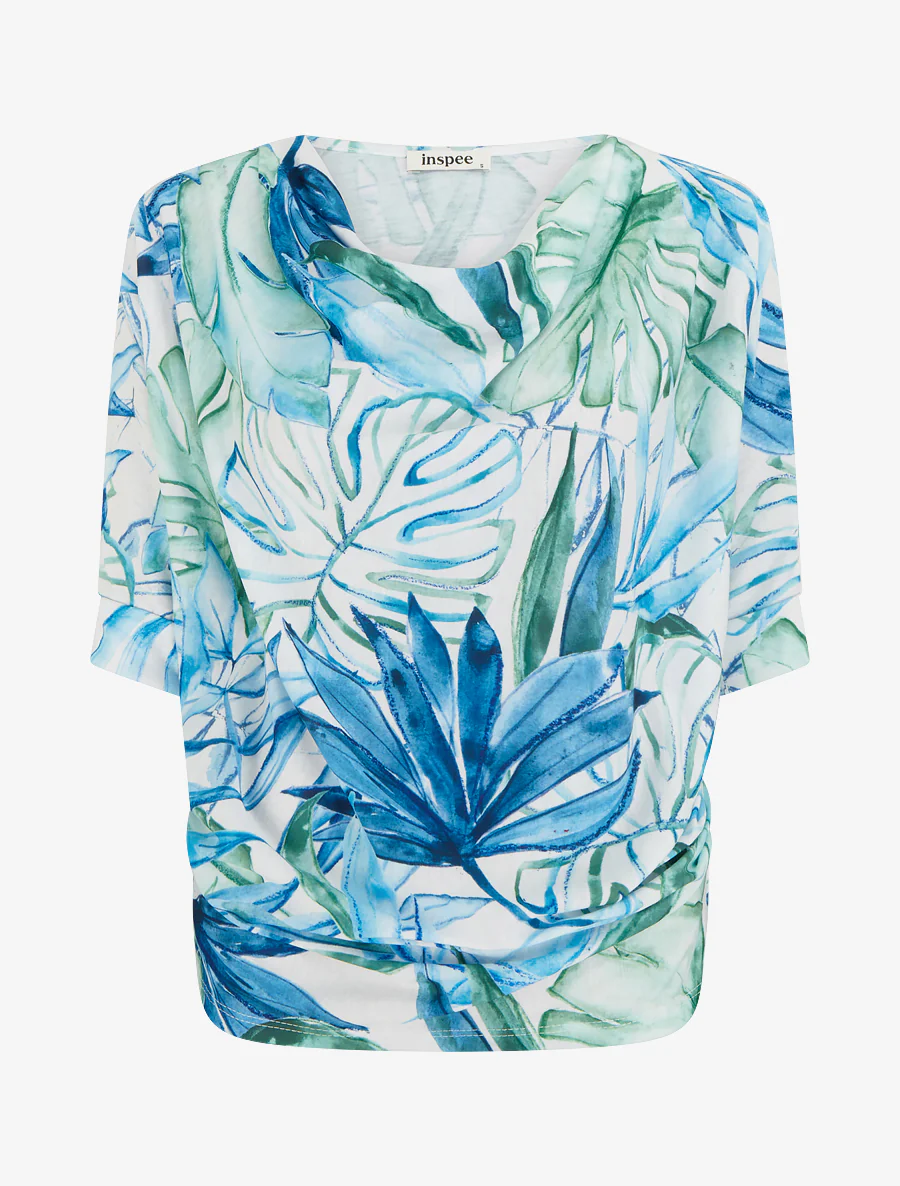 Top tropisch met 3/4 mouwen en geplooid effect - Blauw