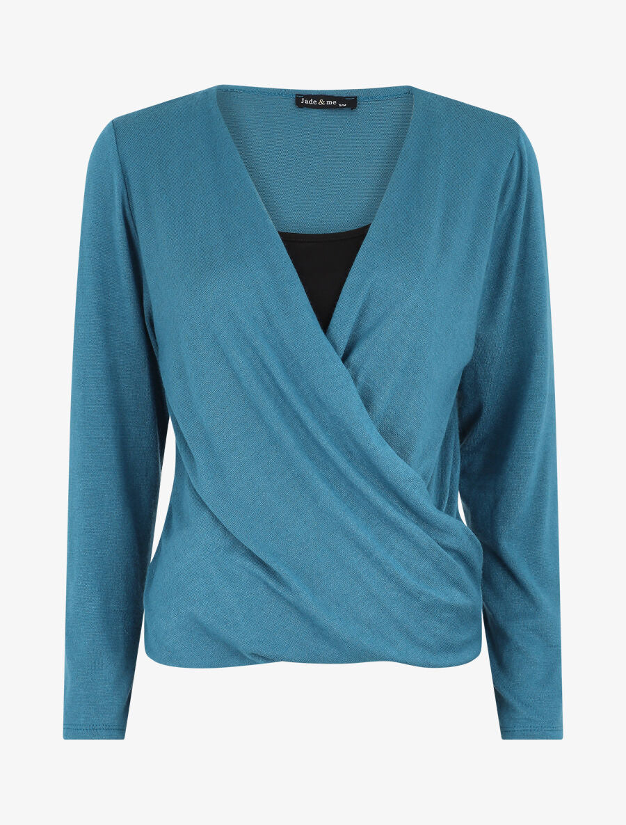 Tweekleurige top met lange mouwen en gekruist effect - Eendblauw