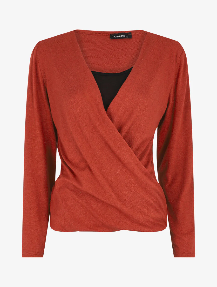 Tweekleurige top met lange mouwen en gekruist effect - Rood
