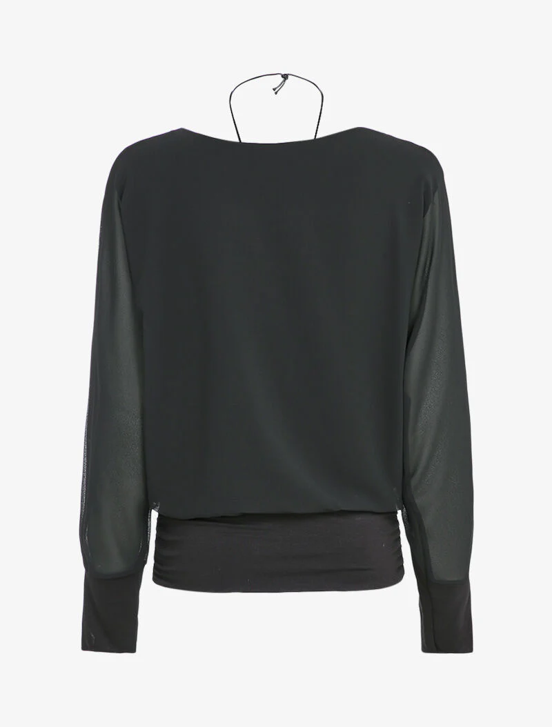 Top van twee materialen met watervalhals - Zwart - Image 2