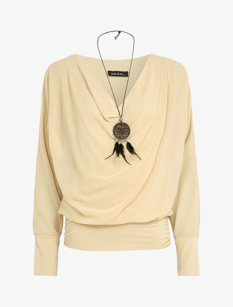 Top van twee materialen met watervalhals - Beige
