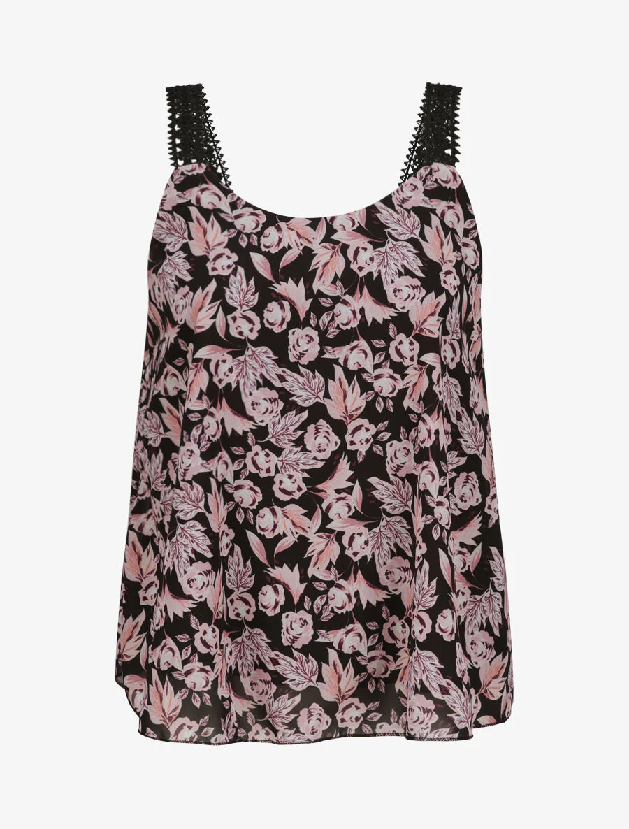 Top van voile met rozenprint - zwart