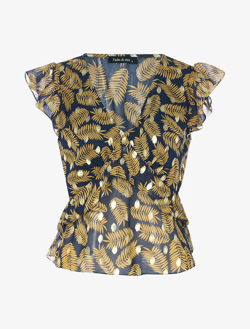 Top met volant in bladprint voile - nachtblauw