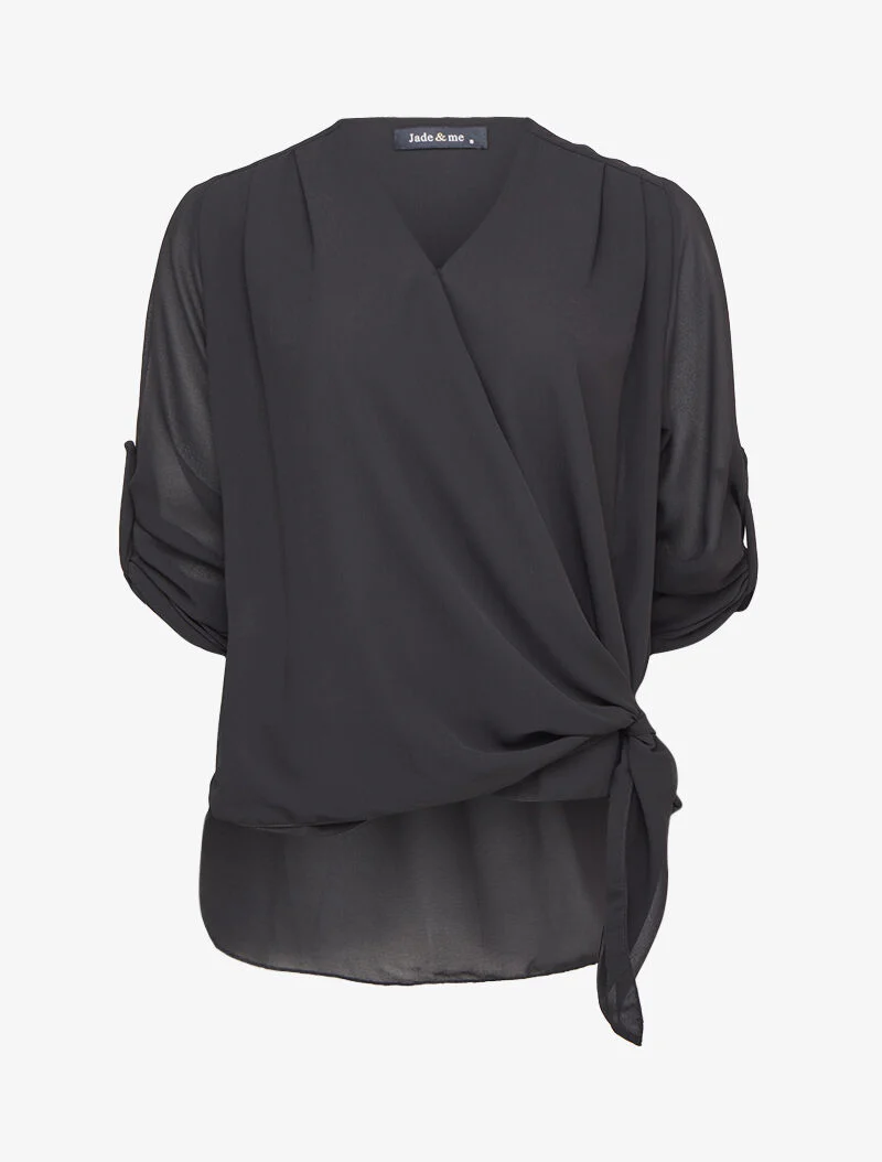 Top overslagblouse in voile met oprolbare mouwen - Zwart