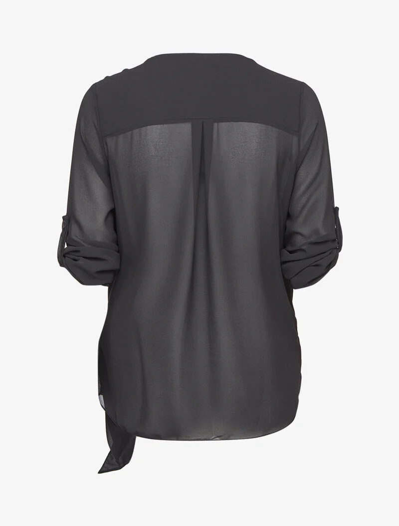 Top overslagblouse in voile met oprolbare mouwen - Zwart - Image 2