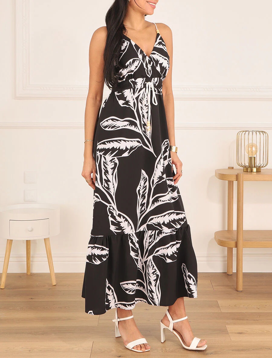 Touwjesjurk met grote bladerenprint - zwart - Image 4
