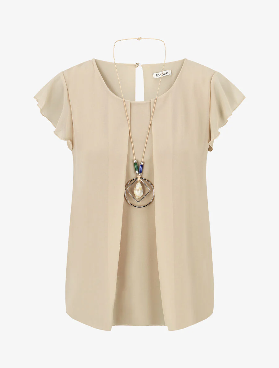 Transparante voile blouse met ruches aan de mouwen - Beige
