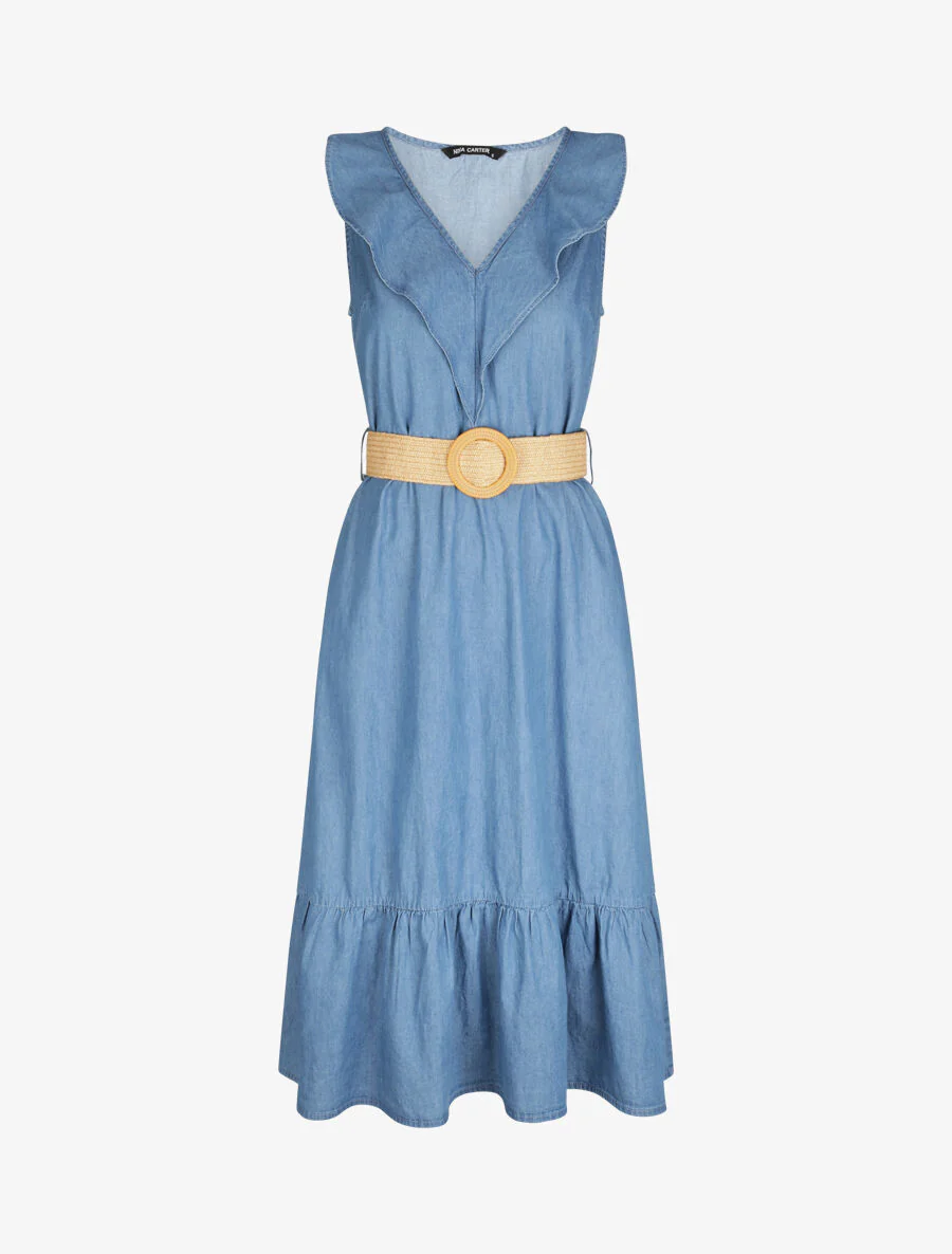 A-lijn jurk in denim met volantkraag - Blauw
